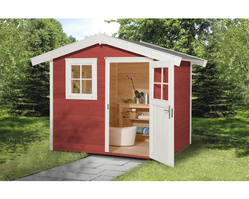 Gartenhaus weka 123 Gr. 2 inkl. Fußboden 306 x 274 cm schwedenrot Holzgartenhaus mit Fenster und geöffneter Tür im Garten