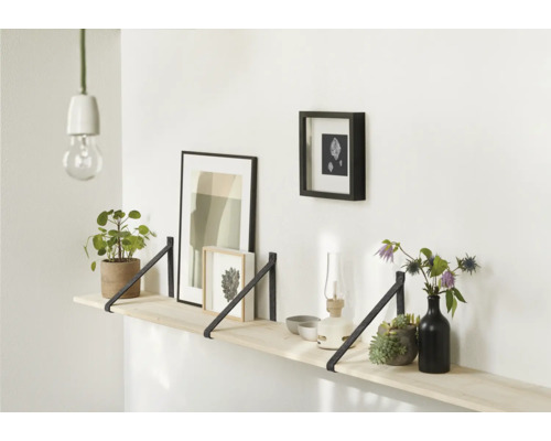 Regal mit Dekoration, Pflanzen und Bildern an einer weißen Wand