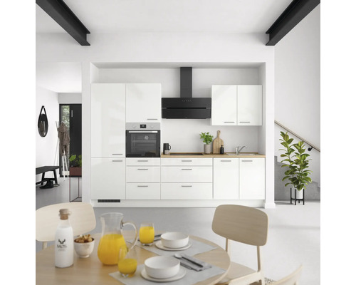 NOBILIA Küchenzeile mit Geräten Modern 300 cm weiß hochglanz vormontiert Variante links