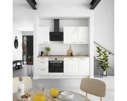 NOBILIA Küchenzeile mit Geräten Modern 210 cm weiß hochglanz montiert Variante links