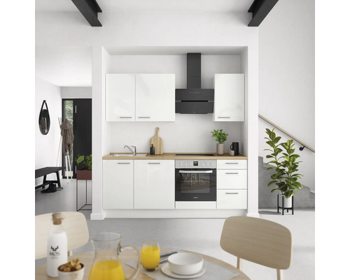 NOBILIA Küchenzeile mit Geräten Modern 210 cm weiß hochglanz vormontiert Variante rechts