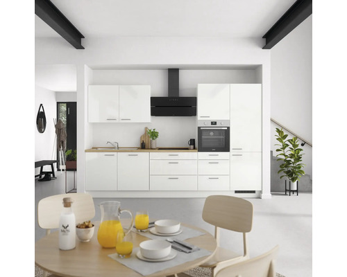 NOBILIA Küchenzeile mit Geräten Modern 330 cm weiß hochglanz vormontiert Variante rechts