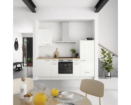 NOBILIA Küchenzeile mit Geräten Modern 240 cm weiß hochglanz vormontiert Variante rechts