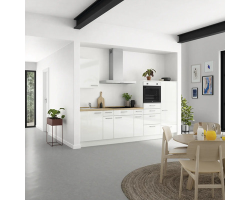 NOBILIA Küchenzeile mit Geräten Modern 300 cm weiß hochglanz vormontiert Variante rechts