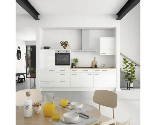NOBILIA Küchenzeile mit Geräten Modern 300 cm weiß hochglanz montiert Variante links