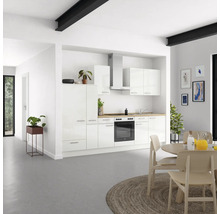 Moderne Küche mit weißen Schränken, Dunstabzugshaube und integriertem Backofen in einem hellen Raum.