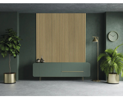 Wohnzimmer mit Akustikpaneel, Sideboard, Stehlampe, Uhr und Pflanzen