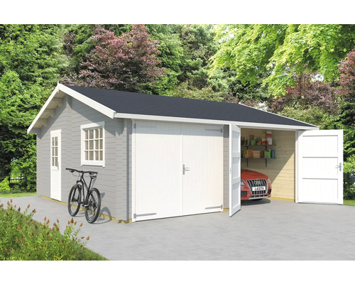 Doppelgarage Outdoor Life Falkland mit Holztoren 628,6 x 635 cm lichtgrau Holzgarage mit Doppeltür, Seitentür und Fenster im Garten