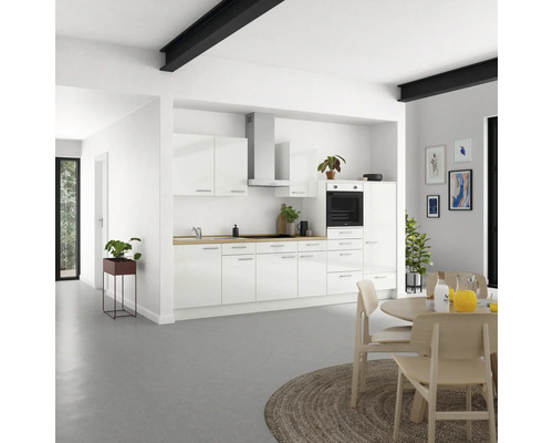 NOBILIA Küchenzeile mit Geräten Modern 330 cm Frontfarbe weiß hochglanz Korpusfarbe weiß Variante rechts