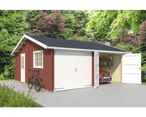 Doppelgarage Outdoor Life Falkland mit Holztoren 628,6 x 635 cm schwedenrot Holzgarage mit Doppeltür und Seitentür im Garten