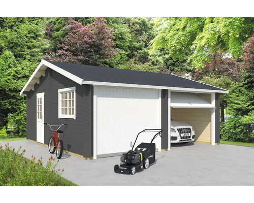 Doppelgarage Outdoor Life Falkland mit Schwingtoren 628,6 x 635 cm carbongrau Doppelgarage aus Holz mit Nebentür, Fenster und Rasenmäher
