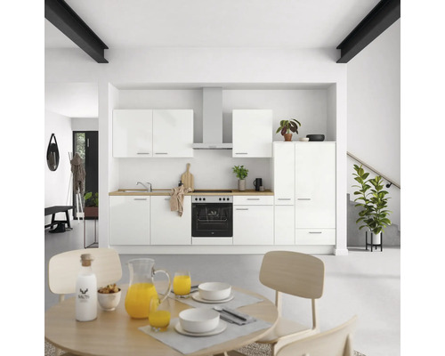 NOBILIA Küchenzeile mit Geräten Modern 330 cm Frontfarbe weiß hochglanz Korpusfarbe weiß Variante rechts