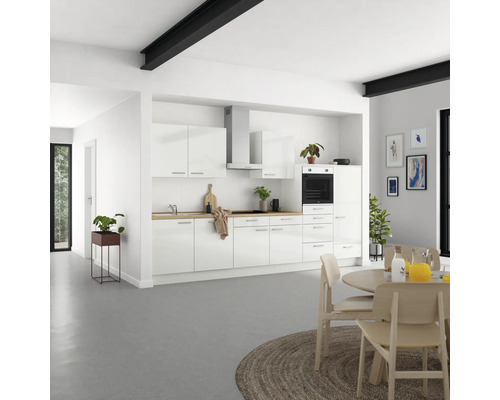 NOBILIA Küchenzeile mit Geräten Modern 360 cm Frontfarbe weiß hochglanz Korpusfarbe weiß Variante rechts