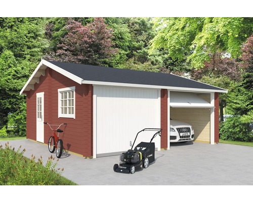 Doppelgarage Outdoor Life Falkland mit Schwingtoren 628,6 x 635 cm schwedenrot Doppelgarage aus Holz mit Nebentür, Fahrrad und Rasenmäher