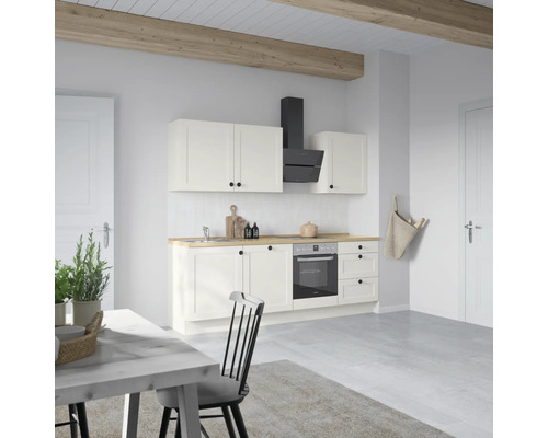 Küchenzeile mit Hängeschränken, Dunstabzugshaube und Einbaubackofen in heller, freundlicher Optik