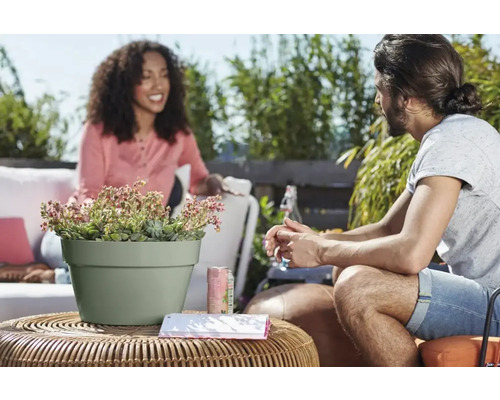Blumentopf mit Pflanze auf Rattantisch mit zwei Personen im Hintergrund