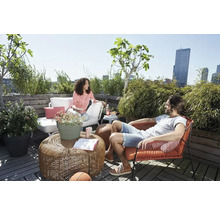 Ein sonniger Dachgarten mit Sitzgelegenheiten, Pflanzen und zwei Personen.