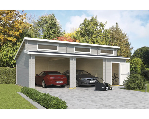 Doppelgarage Outdoor Life Hawaii ohne Tore mit Geräteraum 780 x 520 cm lichtgrau Doppelgarage aus Holz mit zwei Autos, Rasenmäher und Fahrrad