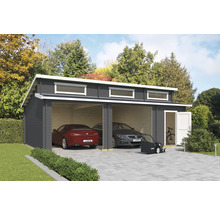 Doppelgarage aus Holz mit zwei Autos, einem Rasenmäher und einem Fahrrad