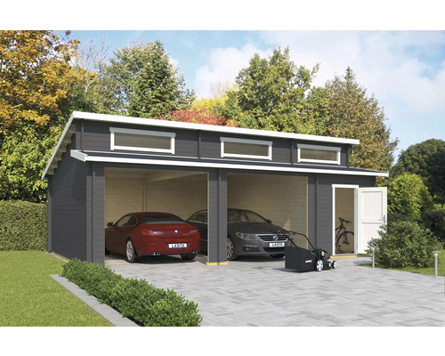 Doppelgarage Outdoor Life Hawaii ohne Tore mit Geräteraum 780 x 520 cm carbongrau Doppelgarage aus Holz mit zwei Autos, einem Rasenmäher und einem Fahrrad