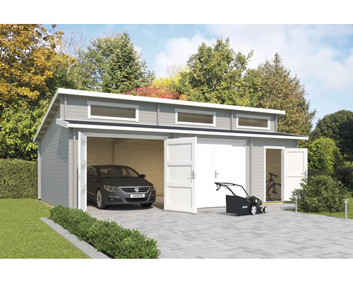 Doppelgarage Outdoor Life Hawaii mit Holztoren, Geräteraum 780 x 520 cm lichtgrau Doppelgarage aus Holz mit Auto, Rasenmäher und Fahrrädern