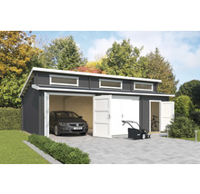 Doppelgarage aus Holz mit Auto, Rasenmäher und Fahrrad