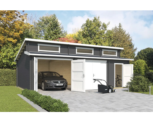 Doppelgarage Outdoor Life Hawaii mit Holztoren, Geräteraum 780 x 520 cm carbongrau Doppelgarage aus Holz mit Auto, Rasenmäher und Fahrrad