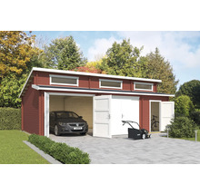 Große Holzgarage mit zwei Toren, Auto, Rasenmäher und Fahrrad