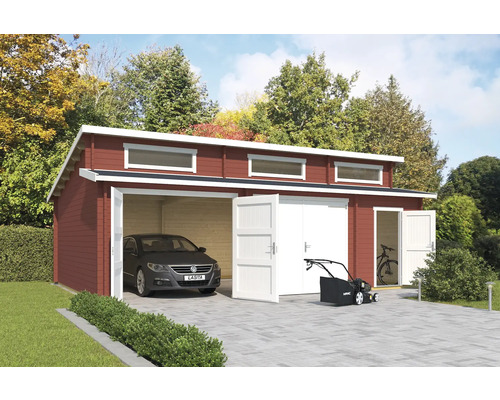 Doppelgarage Outdoor Life Hawaii mit Holztoren, Geräteraum 780 x 520 cm schwedenrot Große Holzgarage mit zwei Toren, Auto, Rasenmäher und Fahrrad