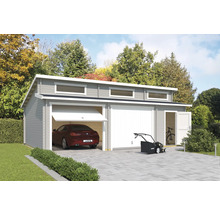 Doppelgarage aus Holz mit Auto, Rasenmäher und Fahrrädern