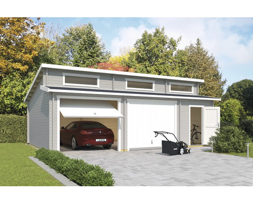 Doppelgarage Outdoor Life Hawaii mit Schwingtoren, Geräteraum 780 x 520 cm lichtgrau Doppelgarage aus Holz mit Auto, Rasenmäher und Fahrrädern