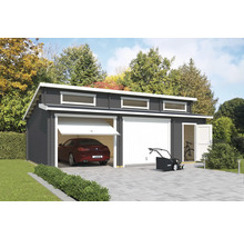 Doppelgarage aus Holz mit Auto, Rasenmäher und Fahrrad