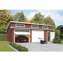Doppelgarage aus Holz mit Auto, Rasenmäher und Fahrrad