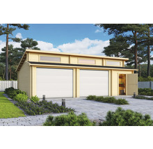 Doppelgarage aus Holz mit Nebeneingangstür und Fensterband