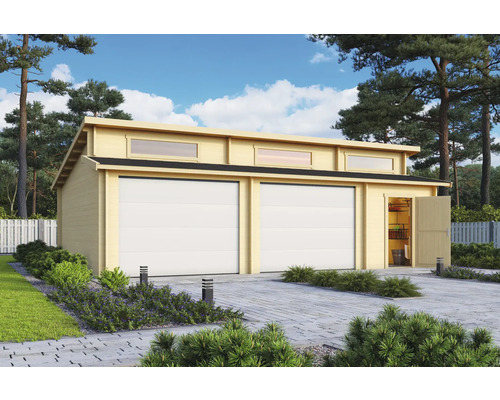 Doppelgarage Outdoor Life Hawaii mit Sektionaltoren, Geräteraum 780 x 520 cm natur Doppelgarage aus Holz mit Nebeneingangstür und Fensterband