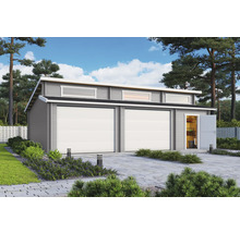 Doppelgarage aus Holz mit Fenstern und Seitentür