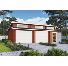 Große Doppelgarage aus Holz mit Fenstern und seitlicher Tür