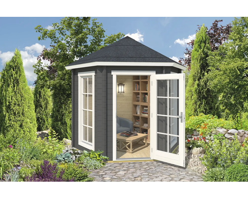 Pavillon Outdoor Life Inverness 44 inkl. Fußboden 280 x 242,5 cm carbongrau Garten mit einem Holz Gartenhaus mit geöffneter Tür und Fenstern