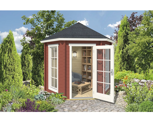 Pavillon Outdoor Life Inverness 44 inkl. Fußboden 280 x 242,5 cm schwedenrot Gartenhaus mit Fenster und offener Tür im Garten
