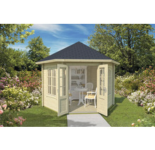 Gartenzimmer aus Holz mit dunklem Dach und geöffneten Doppeltüren im Garten.