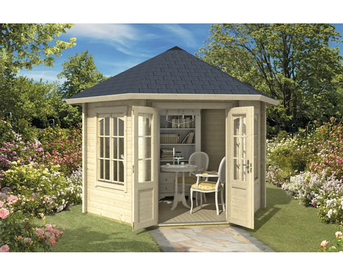 Holzgartenhaus mit Fenstern und Doppeltür im Garten