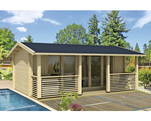 Gartenhaus Outdoor Life Lyndhurst inkl. Fußboden, Terrasse 610 x 460 cm natur Holzgartenhaus mit Terrasse neben einem Pool