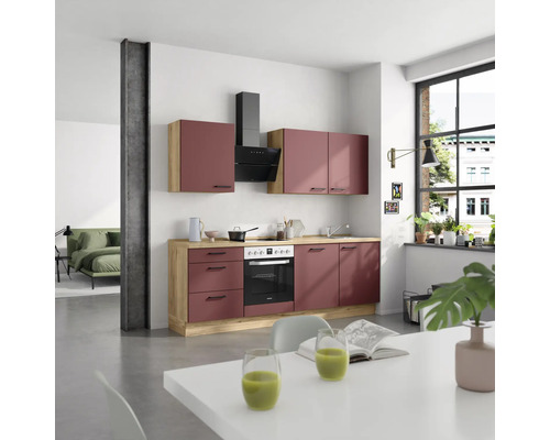 Moderne Küche mit Dunstabzugshaube, Unter- und Oberschränken in einem hellen Raum.