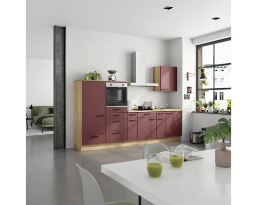NOBILIA Küchenzeile mit Geräten Urban 300 cm Frontfarbe rostrot matt Korpusfarbe eiche sierra Variante links