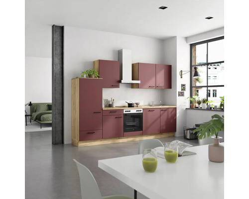 Moderne Küche mit Hochschrank, Hängeschränken, Spüle, Herd und Dunstabzugshaube in einem hellen Raum