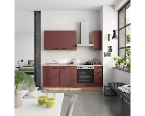 NOBILIA Küchenzeile mit Geräten Urban 210 cm Frontfarbe rostrot matt Korpusfarbe eiche sierra Variante rechts