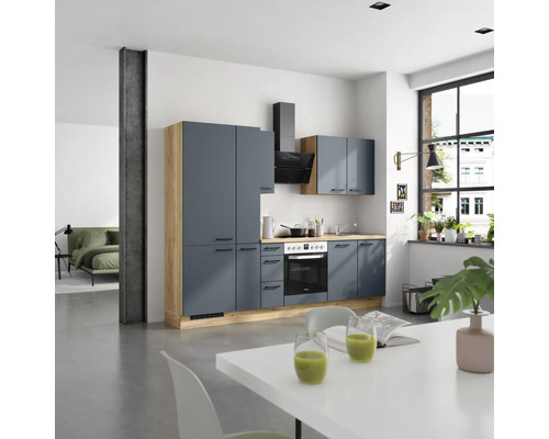 NOBILIA Küchenzeile mit Geräten Urban 270 cm Frontfarbe fjordblau matt Korpusfarbe eiche sierra Variante links