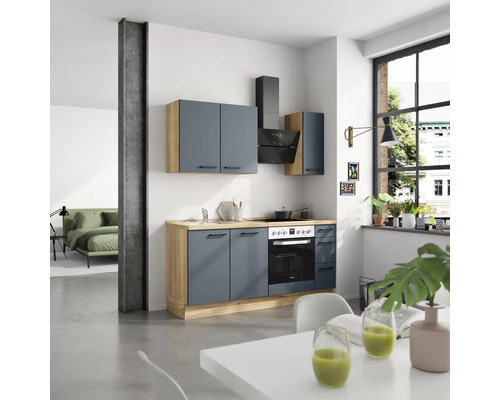 NOBILIA Küchenzeile mit Geräten Urban 180 cm Frontfarbe fjordblau matt Korpusfarbe eiche sierra Variante rechts