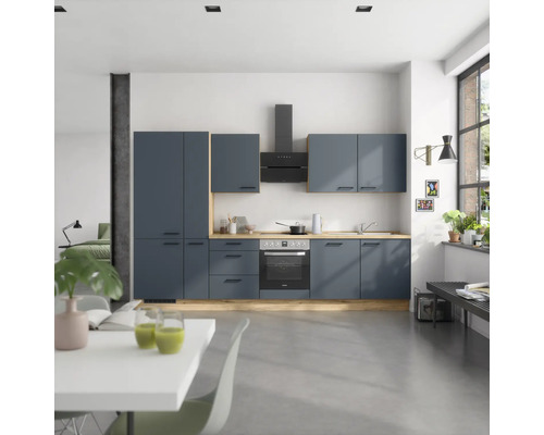 NOBILIA Küchenzeile mit Geräten Urban 330 cm Frontfarbe fjordblau matt Korpusfarbe eiche sierra Variante links