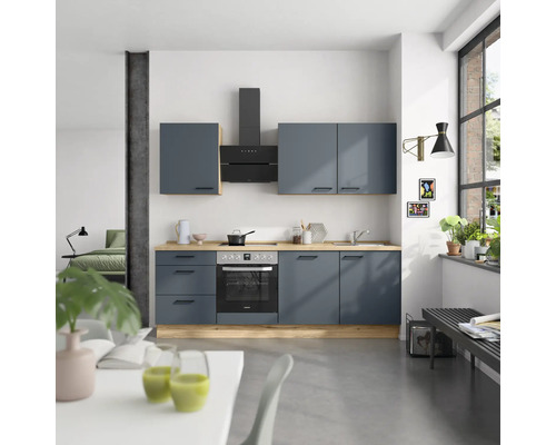 Moderne Küche mit blauen Schränken, Dunstabzugshaube und Holzarbeitsplatte in einem hellen Raum.